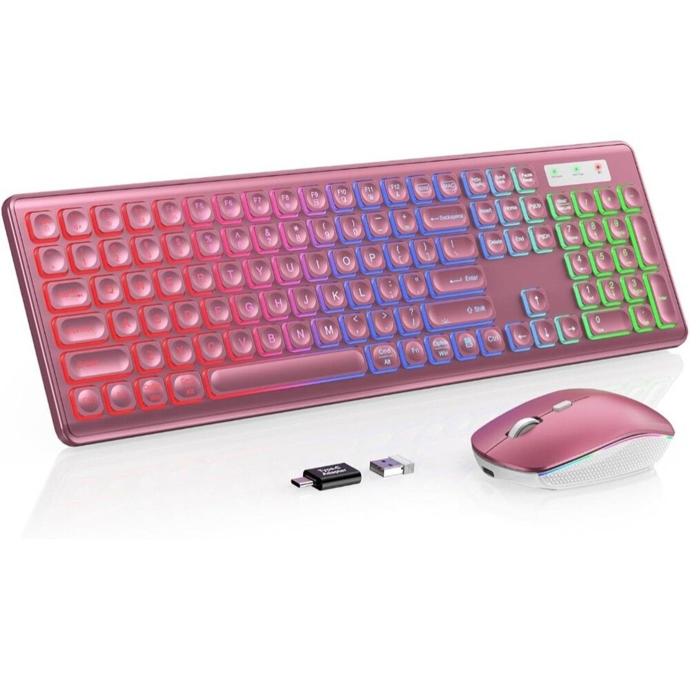 Wireless Keyboard and Mouse Combo, RGB Backlit Rechargeable Soft Typing Wine Red